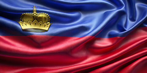 Majestic Liechtenstein National Flag Waving with Golden Crown in Blue and Red
