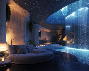 Futuristic smart home lounge with holographic projections and waterfalls