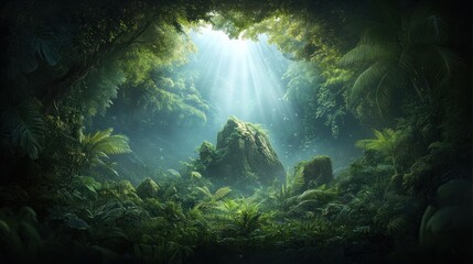 Fototapeta premium Lush jungle scene with sunlight filtering through canopy