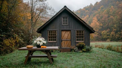 Rustic Dark Wooden Cabin in Autumnal Landscape