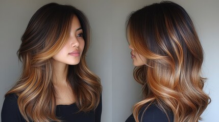 Fototapeta premium Brunette with caramel balayage. Wavy hairstyle. Model poses in portrait and profile