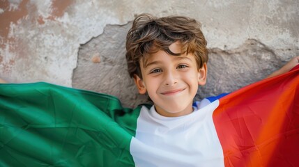 Joyful celebration of republic day in Italy with smiling child holding italian flag. Festa della Repubblica. Horizontal banner. Copy space. Liberation Day