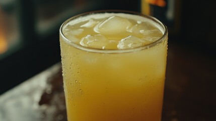 Iced Yellow Drink on Wooden Bar