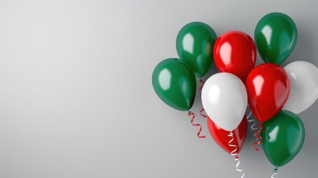 Celebrating italy's republic day with italian flag colored balloons. Festa della Repubblica. Balloons in colors of flag of Italy. Horizontal banner. Copy space. Liberation Day