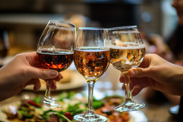 Celebration with three glasses of wine raised in a toast at a festive gathering in a cozy restaurant