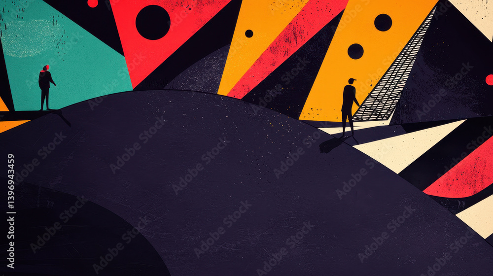 Poster two silhouettes in abstract landscape with geometric shapes and central text space illustrating anim