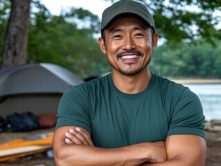 Strong smiles brighten the campsite as confident men enjoy nature on a sunny day