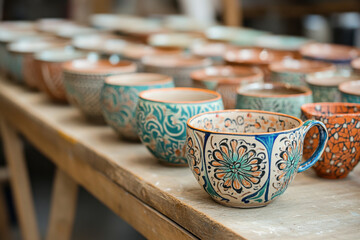 Beautifully crafted ceramic cups displayed on a wooden table at a pottery workshop during the afternoon