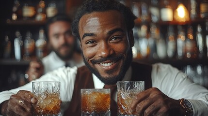 Happy bartender serving drinks