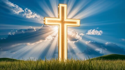 Stunning and mesmerizing 3D render of a glowing golden cross illuminated by sunlight, symbolizing hope and resurrection for Easter