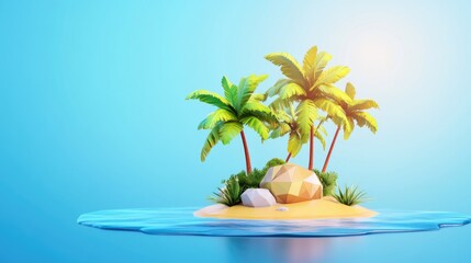Obraz premium Cartoon island with palm trees and stones. Tropical island with ocean scene for travel agency business promotion. Exotic summer vacation and holiday banner concept.