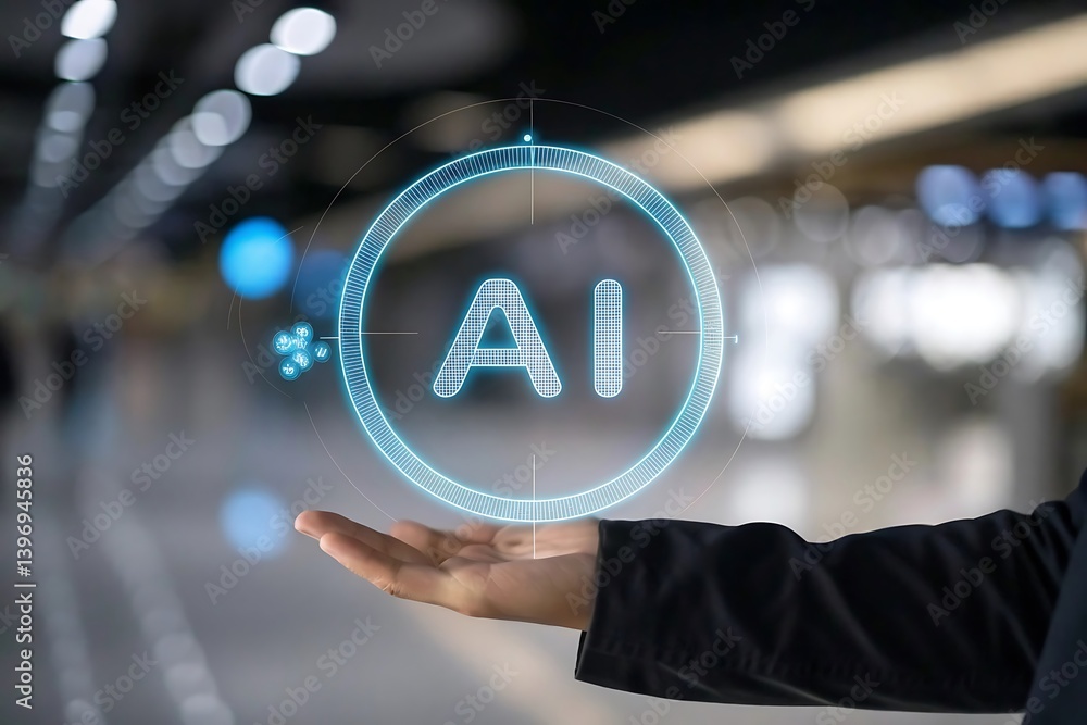 Poster futuristic ai holographic interface displayed on business hand for technology innovation concept and