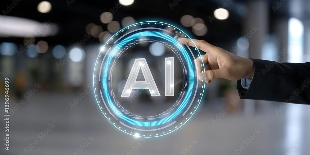 Poster futuristic ai holographic interface displayed on business hand for technology innovation concept and