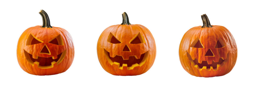 three jack-o'-lanterns isolated on white background.