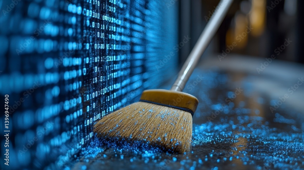 Aufkleber sweeping binary code off the floor with a broom. digital cleanup concept