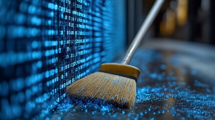 Sweeping binary code off the floor with a broom. Digital cleanup concept