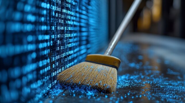 Sweeping binary code off the floor with a broom. Digital cleanup concept - Powered by Adobe