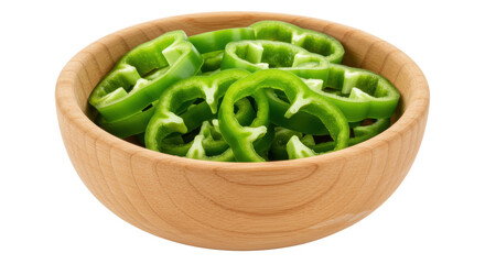 Isolated Sliced Green Bell Peppers in Wooden Bowl