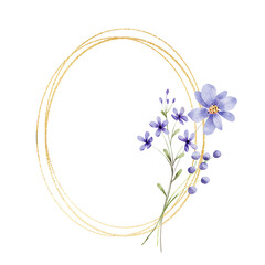 Flowers gold frame. Watercolor hand painting floral wreath with place for text with bouquet. Isolated on white background.