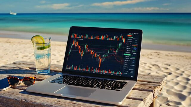 Laptop with stock trading chart on tropical beach sea table beside cocktail and sunglasses, concept of remote work, digital nomad lifestyle, online job investing, freedom, and financial independence.