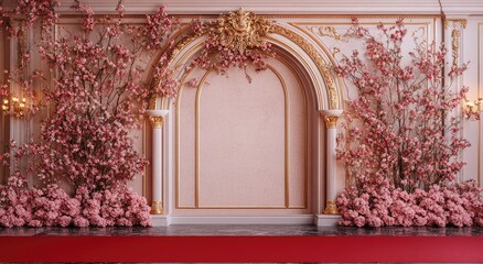 A grand floral archway adorned with delicate pink blossoms in a light pink room.