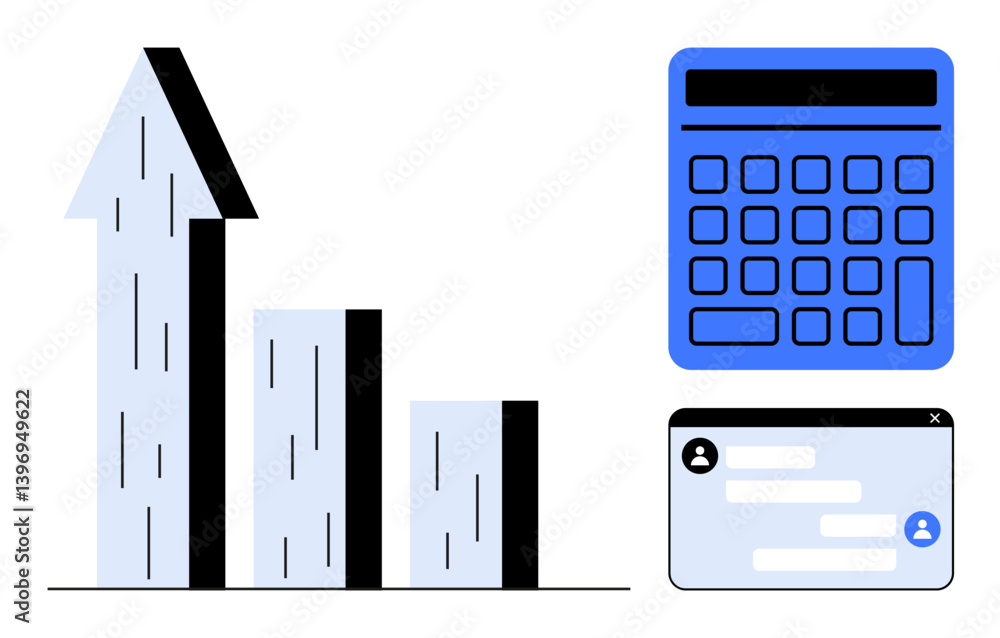 Aufkleber bar graph with arrow indicating growth, calculator for calculations, and user interface window with 