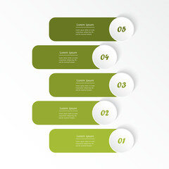 Step by step green infographic template with 5 options, parts or processes.