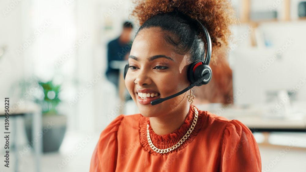 Poster happy, woman and receptionist in office with online appointment setting, schedule or support. headse
