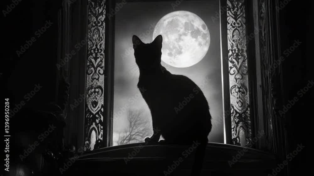 Poster dark silhouette of a cat sitting on a windowsill with a full moon in the background surrounded by ni
