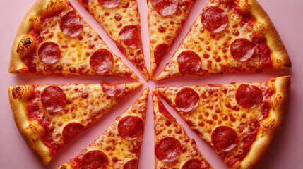 Floating pizza slices arranged like a blooming flower, minimal pastel background