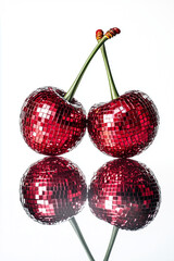 Red cherries like a disco ball on a white background
