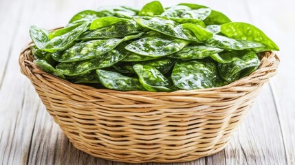 Fresh Green Spinach Leaves in a Wicker Basket on Wooden Background