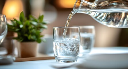 Water is poured from a glass pitcher into a glass on a table.