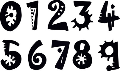 Bold vector numbers 0 to 9 with jagged, rough-edge design. Perfect for grunge, rock, punk, or extreme-themed graphic design and typography projects.