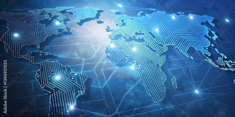 Poster futuristic digital world map with glowing circuit connections representing global data network techn