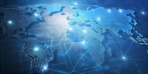Futuristic Digital World Map with Glowing Circuit Connections Representing Global Data Network Technology Infrastructure and Advanced International Connectivity