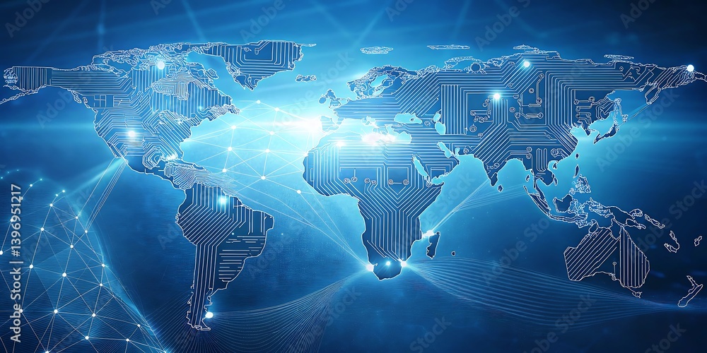 Poster futuristic digital world map with glowing circuit connections representing global data network techn