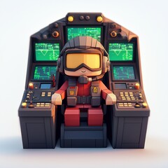 A low-poly pilot figurine sits smiling in a futuristic flight controller console featu multiple screens displaying green digital data and interfaces in a detailed 3D render.