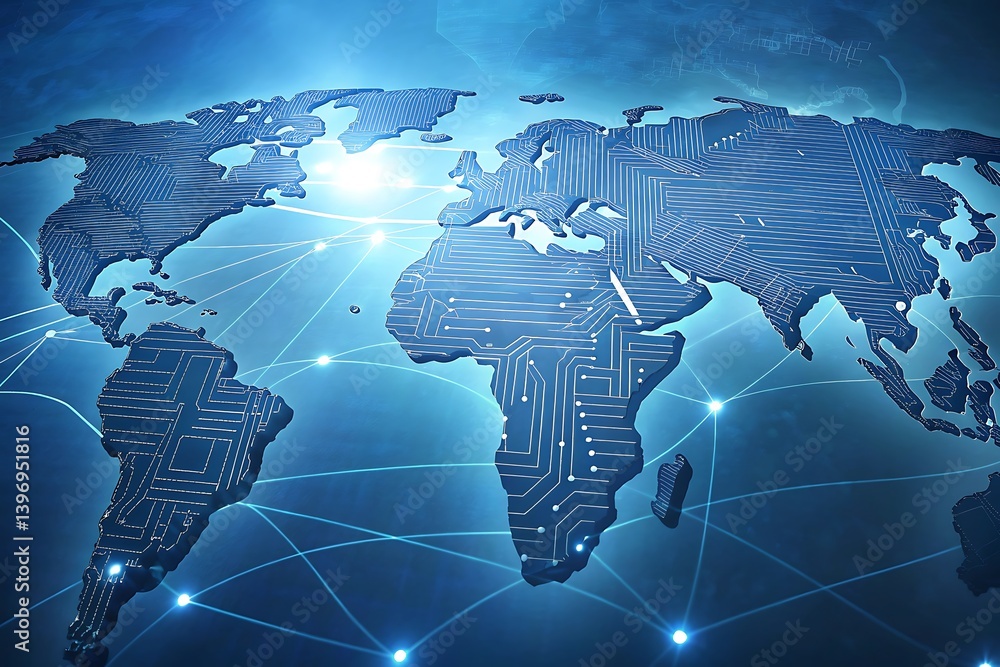 Poster futuristic digital world map with glowing circuit connections representing global data network techn