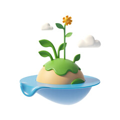 Sea with Island in Middle 3D Render Icon Illustration with Cute Cartoon Style Environment
