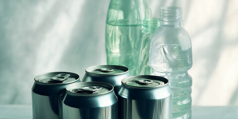 Close-up of aluminum cans and plastic bottles, showcasing recyclable materials, symbolizing environmental consciousness and sustainability, perfect for eco-friendly campaigns