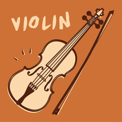 A stylized vector illustration of a violin and bow on a warm orange background, featuring bold lines and hand-drawn text. Perfect for music-themed designs, posters, or educational materials