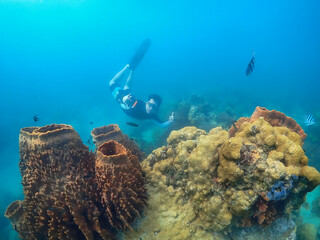 Freediver Swimming in Deep Sea DIver Eploring Sea Life.