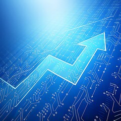 Futuristic Tech Circuit Board with Upward Arrow Representing Digital Growth, Innovation, and Technological Advancement in a High-Tech Blue Abstract Background