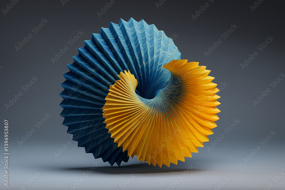 Aufkleber Abstract 3D render of blue and yellow pleated forms creating a spiral shape, showcasing dynamic movement and visual interest, ideal for design or art concepts
