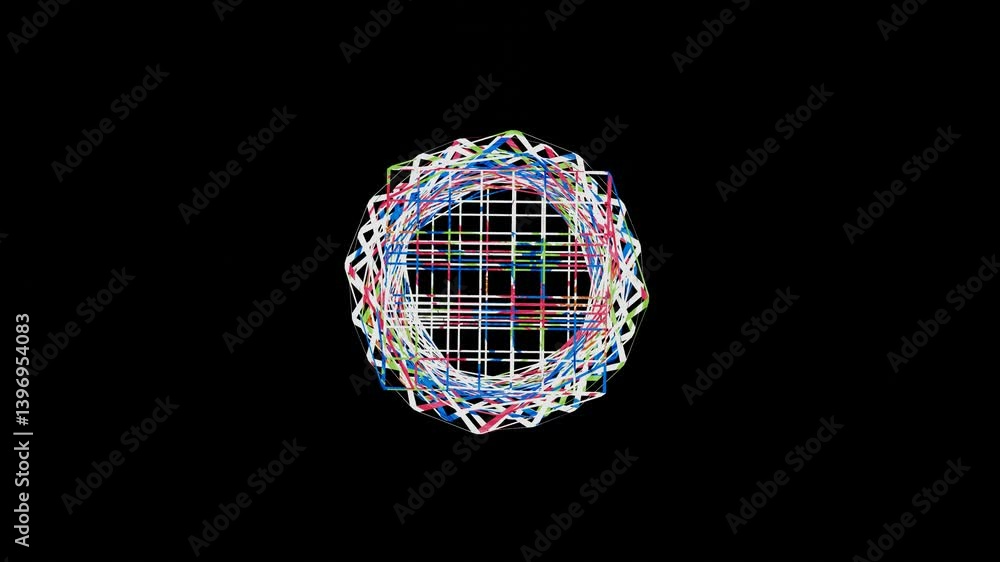 Aufkleber abstract multicolored wireframe figure twists and untwists on black background. 3d render looped ani