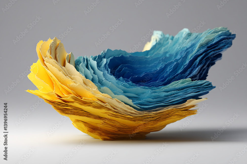 Poster layered abstract form in yellow and blue hues, resembling folded paper or a landscape. shows texture