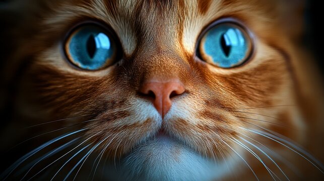 Orange cat's face, with striking bright blue eyes, looking intently at the viewer