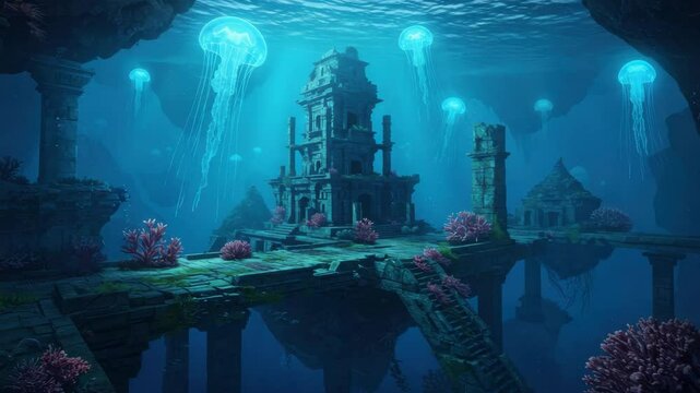 Submerged Ancient Ruins with Bioluminescent Creatures and Coral