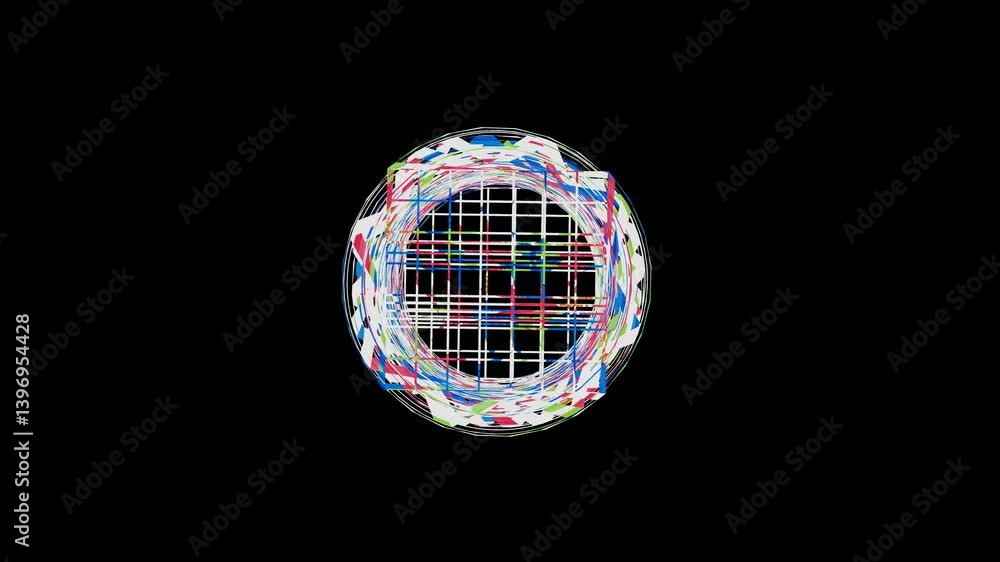 Aufkleber abstract multicolored wireframe figure twists and untwists on black background. 3d render looped ani